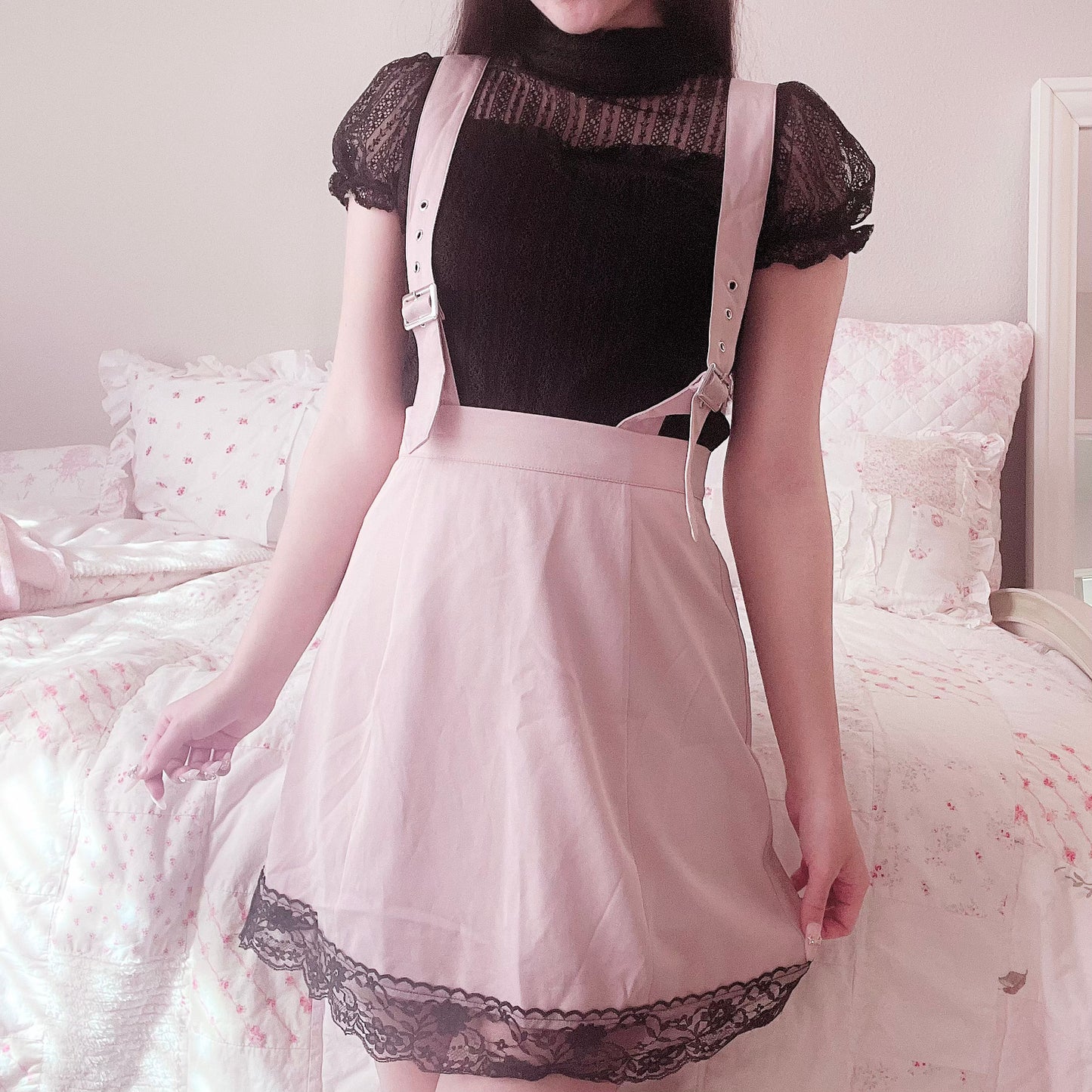 mauve pink suspenders skirt