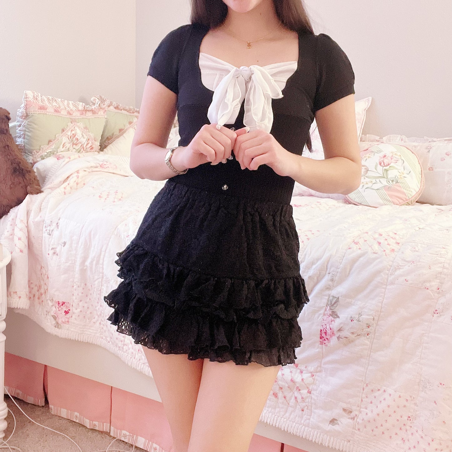 Black lace top tiered skirt