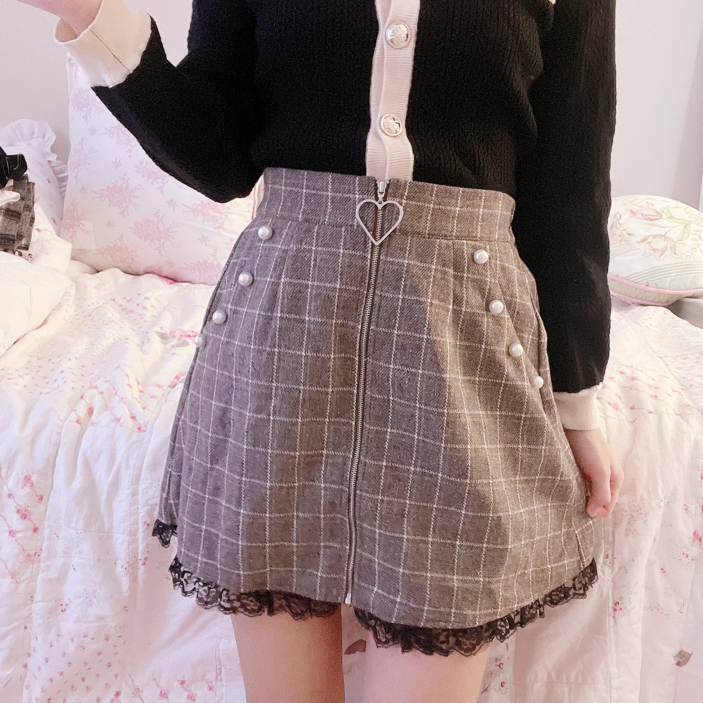 brown check zip up skirt